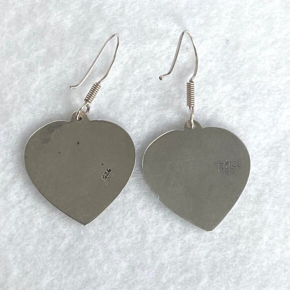 Sterling Silver 925 Mexico Oxidized Geometric Pattern Heart Dangle Earrings - Picture 8 of 16